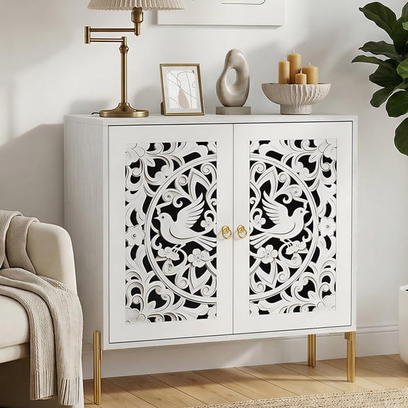 White Accent Cabinet With Hollow-Carved Dove Pattern, Gold-Tone Hardware