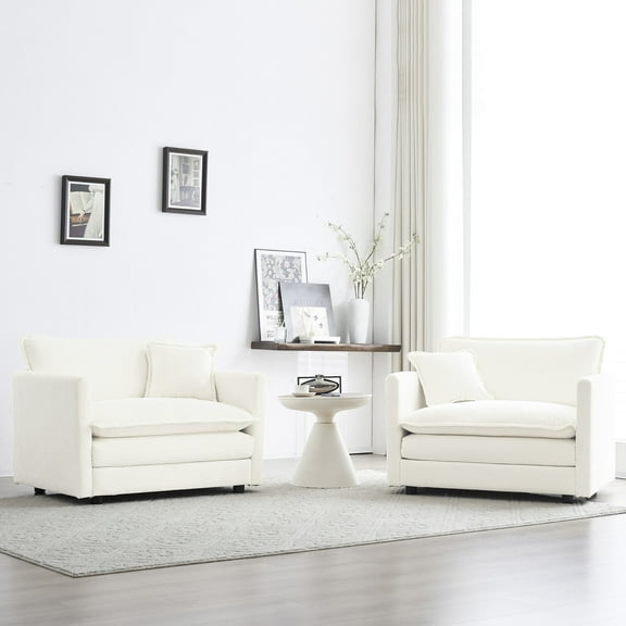 White Accent Chair Of 2, High Chenille Fabric Upholstered Armchairs, Living Room Chairs, Solid Wood Construction, Relaxing Experience (2 Chairs), In White, Side Seating With Pillow, Structure,