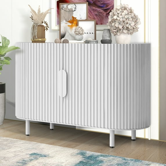 White Accent Storage Cabinet, Curved Sideboard Cabinet, Atumon Storage Cabinet with 4 Doors and Adjustable Shelves, Modern Buffet Sideboard, Wood Cabinet Furniture for Entryway Hallway Living Room