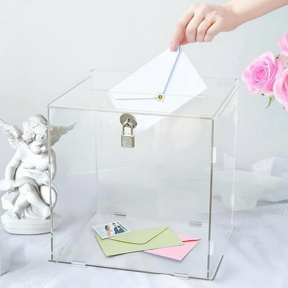 White Acrylic Card Box with Slot & Lock, DIY Large Wedding Card Boxes for Reception, Elegant Money Envelop Card Box for Party Wedding Birthday Baby Shower Graduation Table Decor