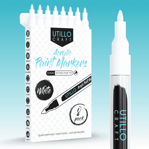 White Acrylic Paint Pens | 8-Pack | Extra Fine 0.7mm Tip | Premium Paint Markers by Utillo Craft