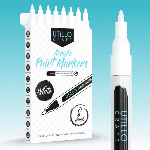 White Acrylic Paint Pens | 8-Pack | Extra Fine 0.7mm Tip | Premium Paint Markers by Utillo Craft