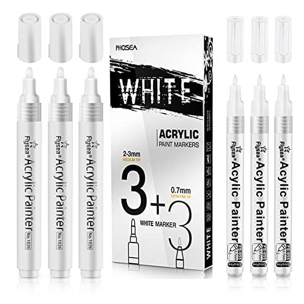 Voiskie White Acrylic Paint Pens (6 Pack) Variety Pack - Extra Fine 0.7mm & Medium Tip 2-3mm - Water Based Paint Markers for Rock PAI