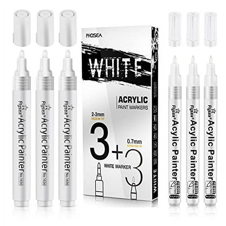 White Acrylic Paint pens (6 Pack) Variety Pack - Extra Fine 0.7MM & Medium  Tip 2-3MM - Water Based Paint Markers for Rock Painting, Stone, Ceramic