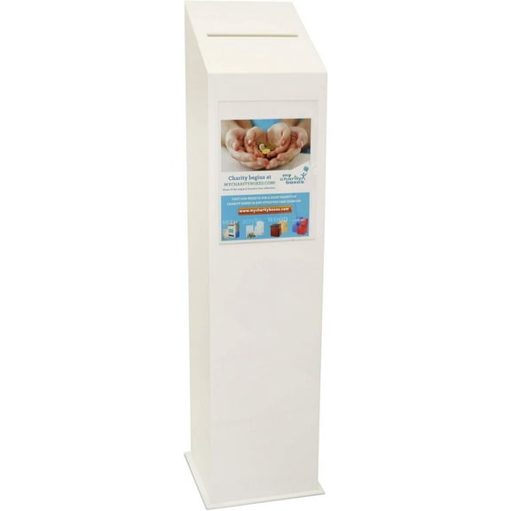 White Acrylic Stand Free Tall Charity Donation Box with Display Area Lock and Keys Included