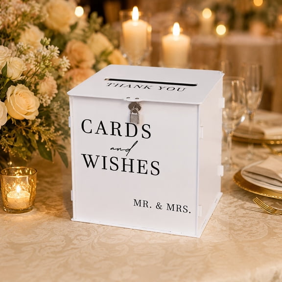 White Acrylic Wedding Card Box with Lock and Slot, Large Reception Card Holder for Events, Elegant Guest Message Collection Box