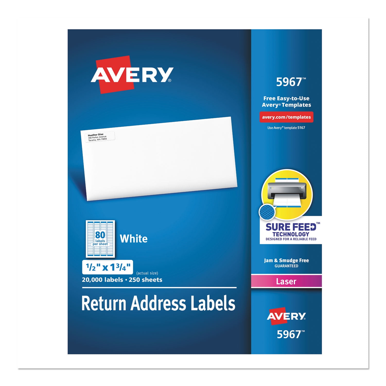 White Address Labels W/ Sure Feed Technology For Laser Printers, Laser Printers, 0.5 X 1.75, White, 80/sheet, 250 Sheets/box | Bundle of 2 Boxes