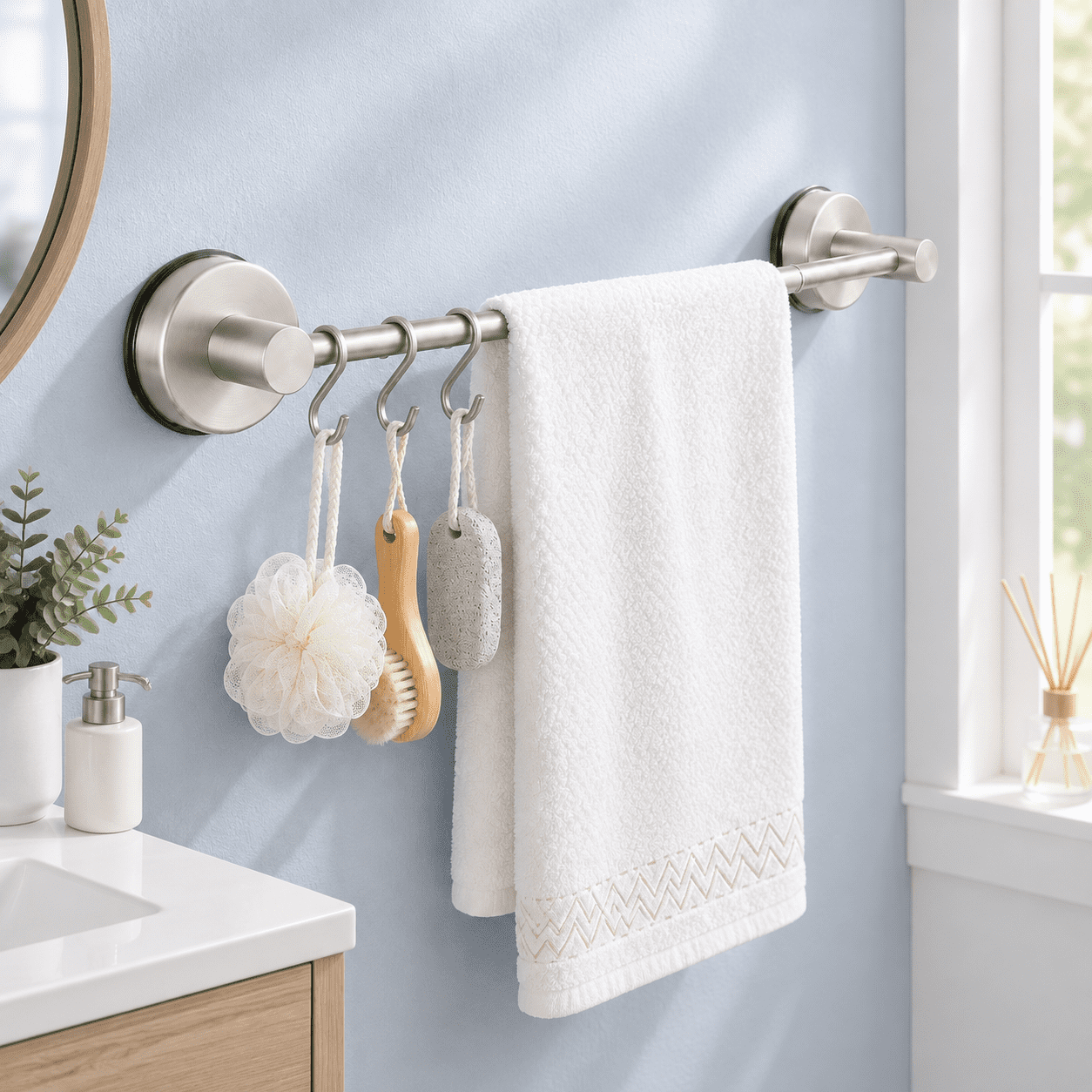 White Adjustable 14.6-24 Inch Suction Cup Towel Bar Wall Mounted Towel ...