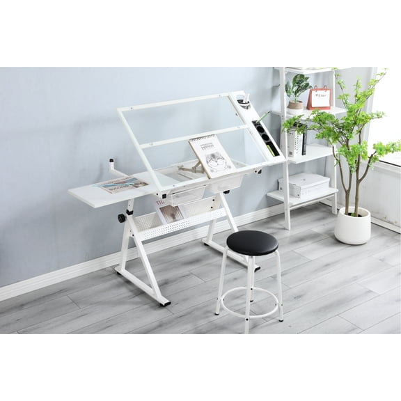 White Adjustable Drafting Desk With Chair - Tempered Glass Tabletop, 0-75 Degrees Angle, Slip, Storage For Artists' Work & Office Use Table Top, 31.5"-49.5" Height, Steel Frame, Painting Drawing