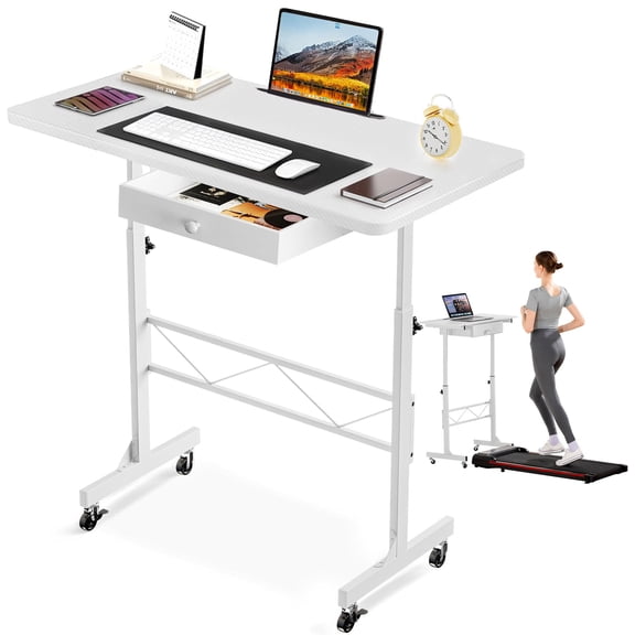 Carbon Fiber White Adjustable Height Standing Desk With Drawer And Wheels Mobile Computer Workstation