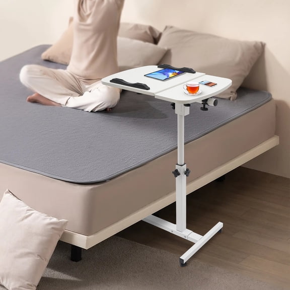 White Adjustable Laptop Desk Stand with Wheels - Rolling Overbed Table for Sofa, Office, Home, 360° Swivel & Lockable, Height & Angle Tilt