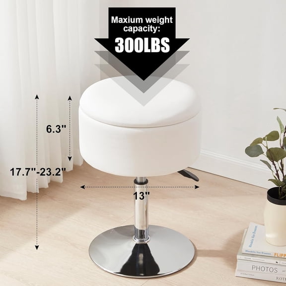White Adjustable Ottoman Vanity Stool, Faux Leather Swivel Makeup Chair with Storage, Multi-Functional Stool for Bathroom, Bedroom or Vanity Table
