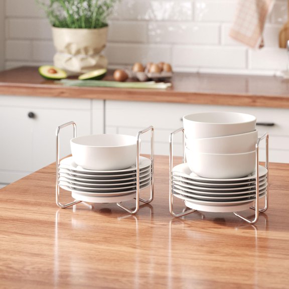 White Adjustable Plate Organizer for Drawer, Dish Rack with Handles