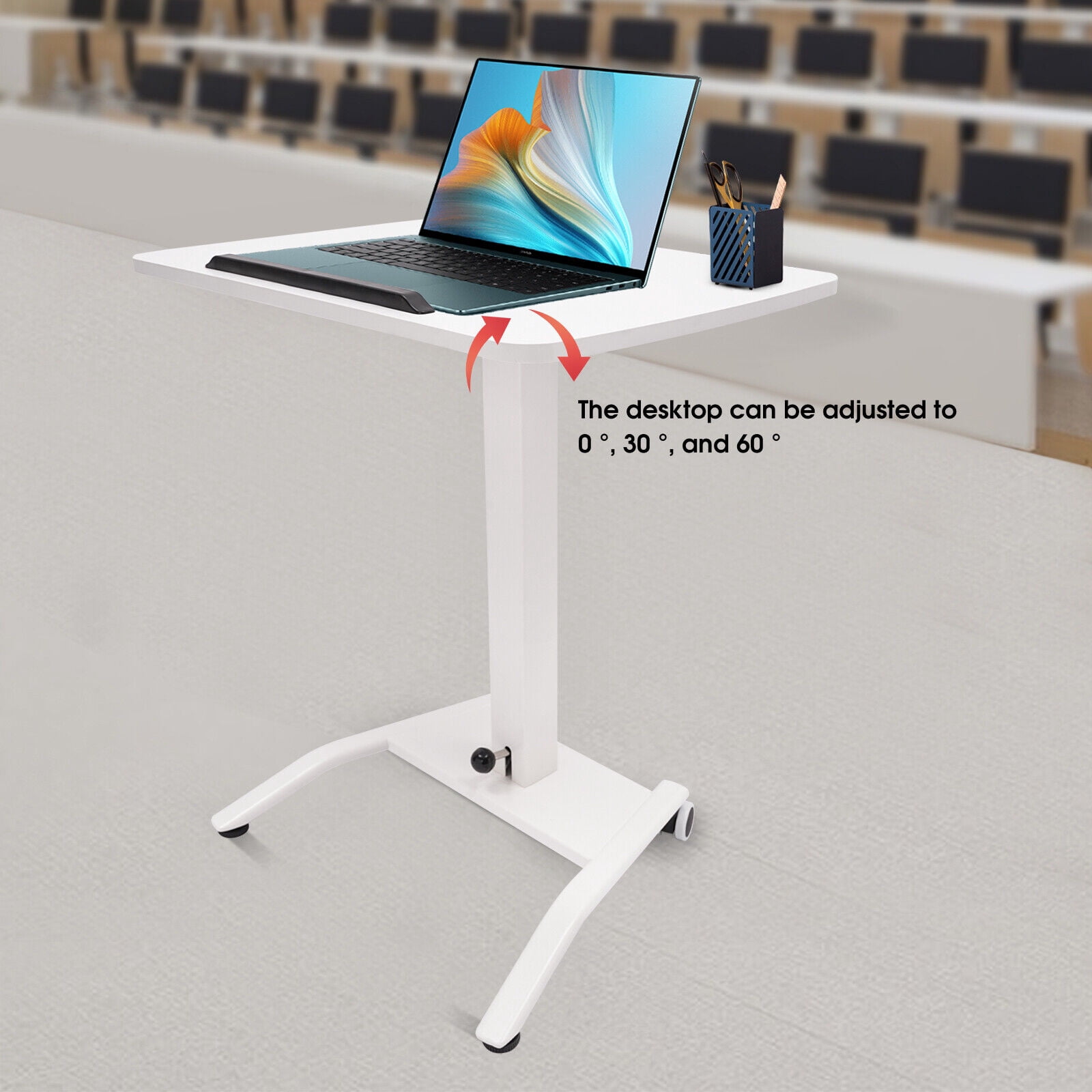 White Adjustable Podium Desk, 25.5*17in Standing Lifting Desk 2 Lockable Wheels Adjustable Rolling Desk