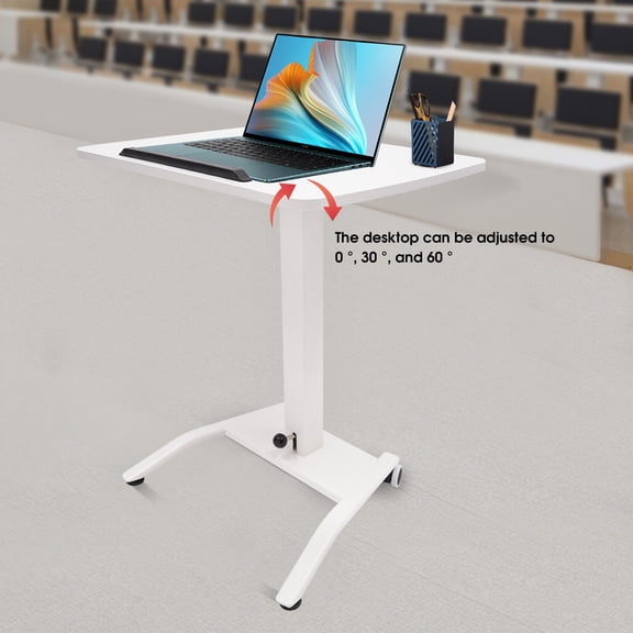 White Adjustable Podium Desk, 25.5*17in Standing Lifting Desk 2 Lockable Wheels Adjustable Rolling Desk