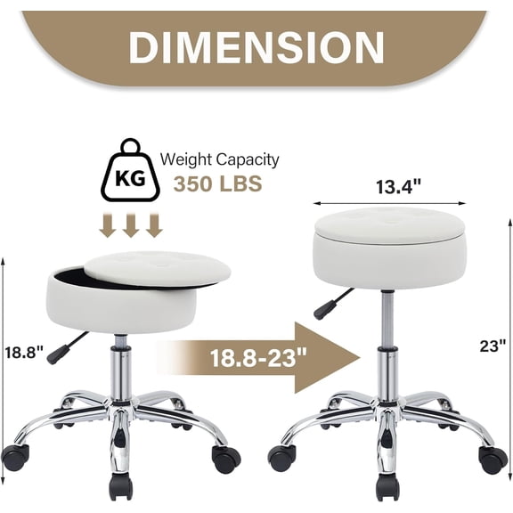 White Adjustable Vanity Stool with Wheels, Swivel Rolling Makeup Chair with Storage for Vanity, Bedroom or Bathroom, Multi-Functional Seating