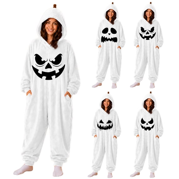 White Adult Pumpkin Onesie Costume Polyester Unisex 3D Hooded Jumpsuit, Zipper Closure, Side Pockets, Flannel Fabric, Soft and Cozy, Zipper Hip, Perfect for Theme Party L
