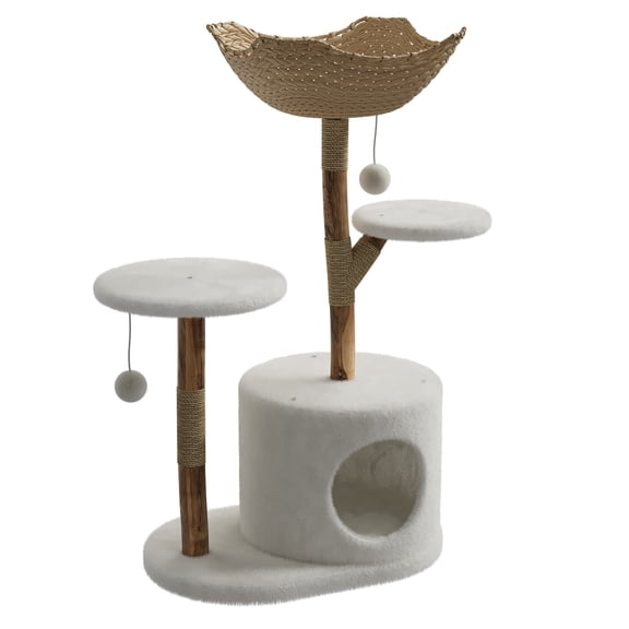White Aesthetic Cat Tree 43 Inch, Natural Wood Cat Tower with Scratching Posts & Cozy Basket
