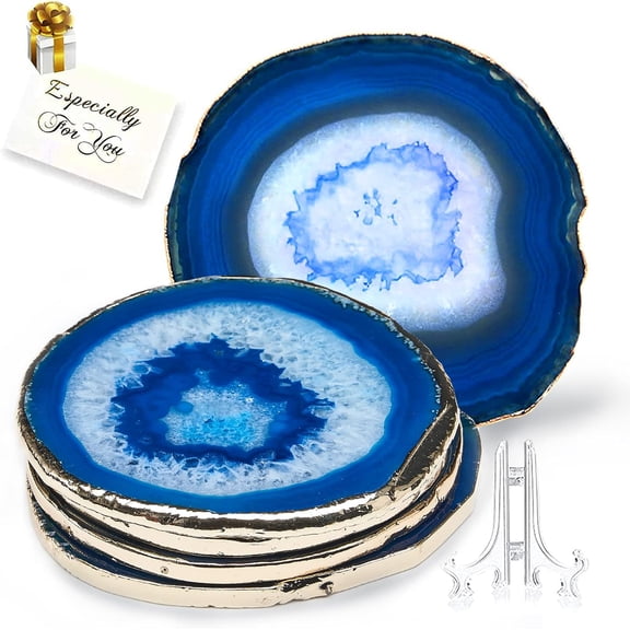 White Agate Coasters for Drinks, Crystal Coaster with Gold Edge , Coaster Set of 4, Gemstone Natural Stone Coasters for Coffee Table, White Agate Slices Cup Mat for Home Decor
