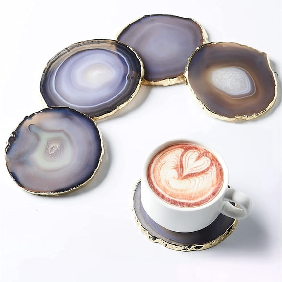 White Agate Coasters for Drinks, Crystal Coaster with Gold Edge , Coaster Set of 4, Gemstone Natural Stone Coasters for Coffee Table, White Agate Slices Cup Mat for Home Decor