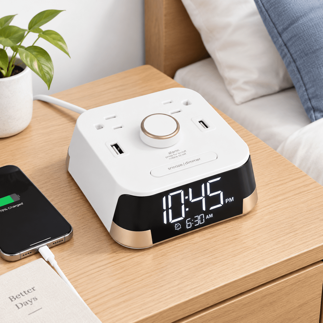 Alamer Clock White Alarm Clock with 2 Tamper Resistant Outlets and USB Charging ...