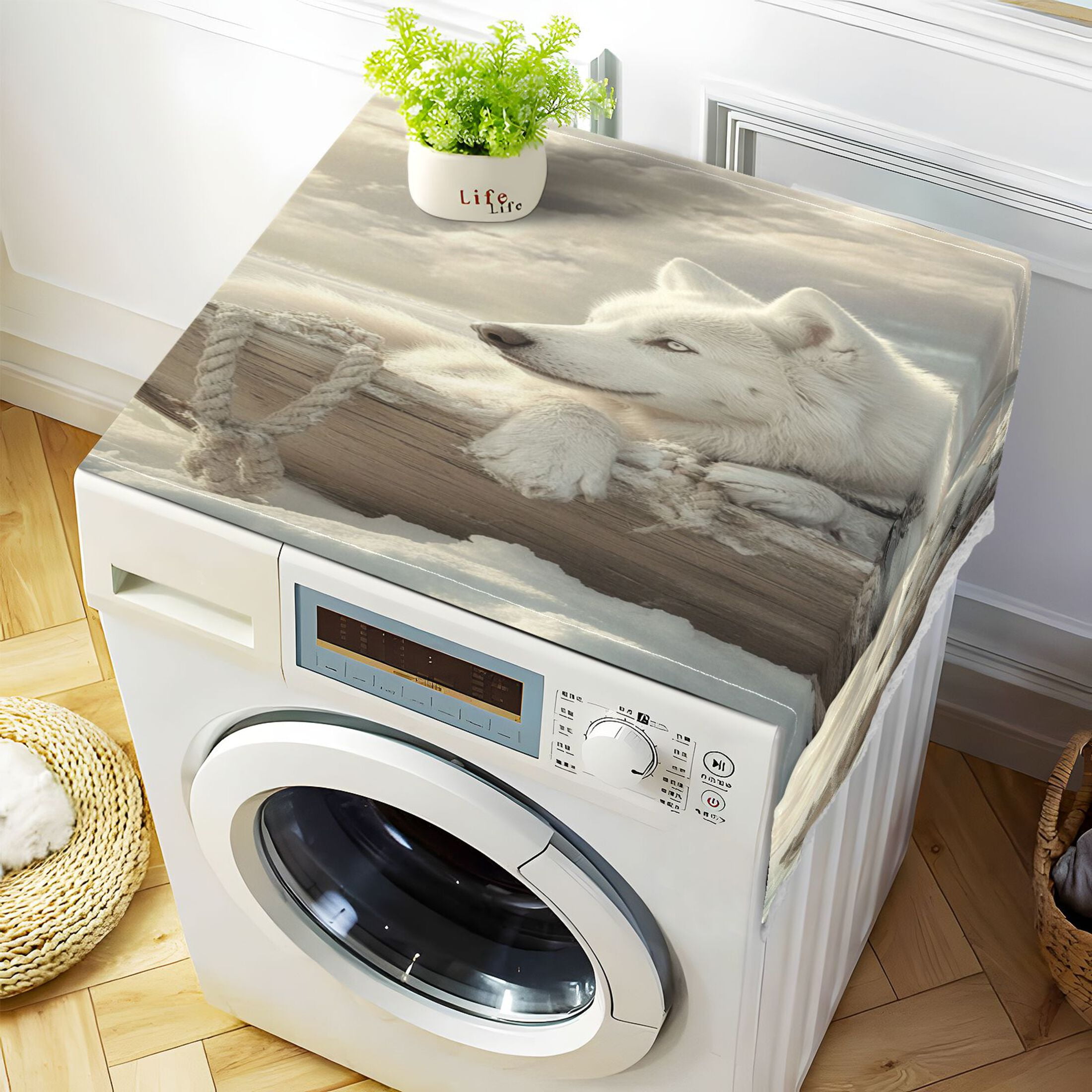 White Alaskan DogWasher and Dryer Covers Dust-Proof and Oil Resistant Fridge Cover with 4 Storage Pockets Washing Machine Top Cover for Laundry Kitchen Home 51.2 x 22 In