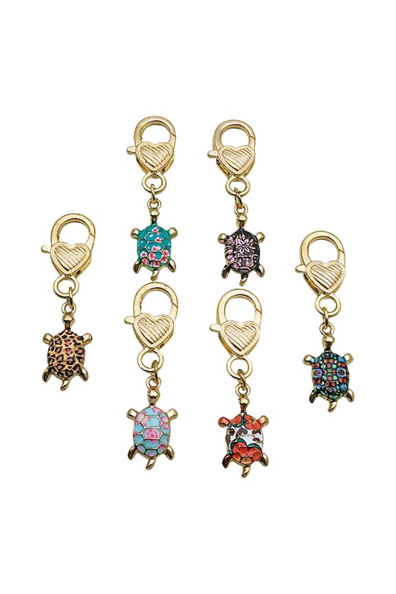 White Alloy Turtle Keychain Set of 6, Colorful Turtle Pendant for Backpack, Positive Energy Jewelry for Friends