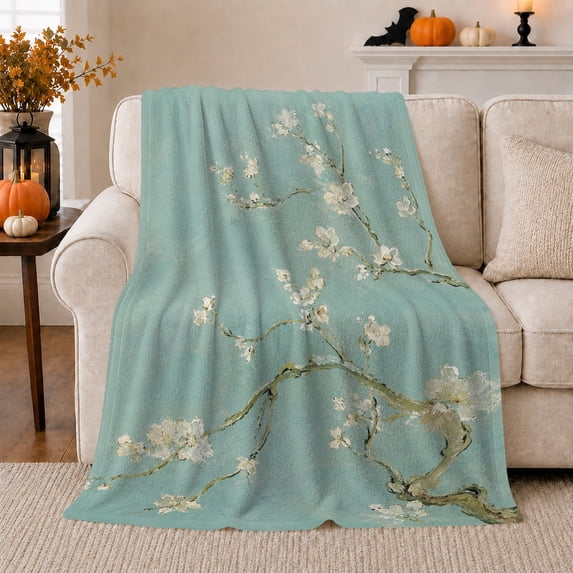 White Almond Blossoms on Pale Aqua Branches, Serene Botanical Style for Flower Lovers, Spring Tree Scene and Mother's Day Gift, Soft Flannel Blanket for Bedroom and Sunroom, Elegant Home Decor