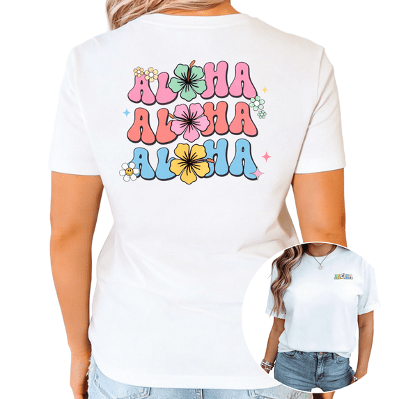 White Aloha Hibiscus Flower Retro Groovy Graphic Print Tshirt Graphic Tees Shirts Hawaiian Beach Vacation Casual Tops S-5XL