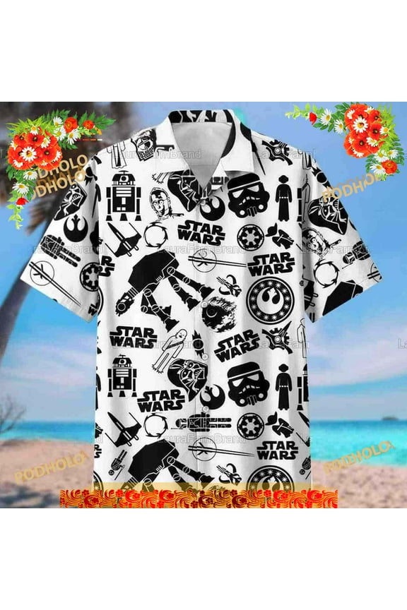 White Aloha Star Wars Hawaiian Shirt, Black Pattern Summer Beach Gift