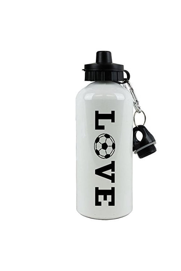 White Aluminum Black LOVE Soccer, 20-Ounce (600 ML) Sport Water Bottle with Sports Top, Carabiner
