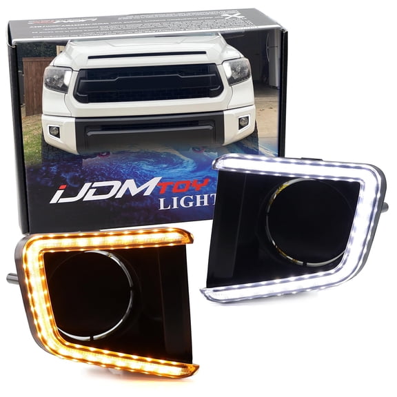 White/Amber C-Ring Shape Sequential Blink Switchback LED Daytime Running Light Fog Bezel Kit For Toyota 2014-2021 Tundra