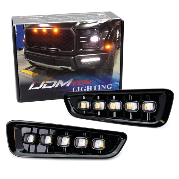 White/Amber Switchback LED DRL Fog Light Kit For 2017-2020 Ford Raptor, 5-Lamp Assembly w/Turn Signal Feature