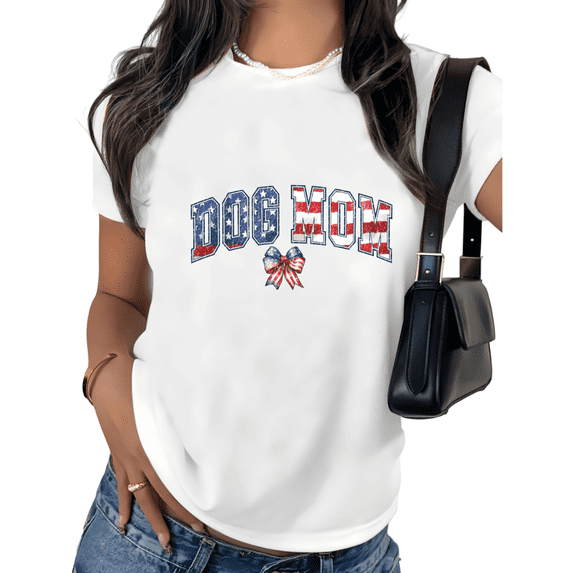 White American Flag Dog Mom Varsity Print Tshirt Graphic Tees Shirts Patriotic Pet Owner Casual S-5XL Tops