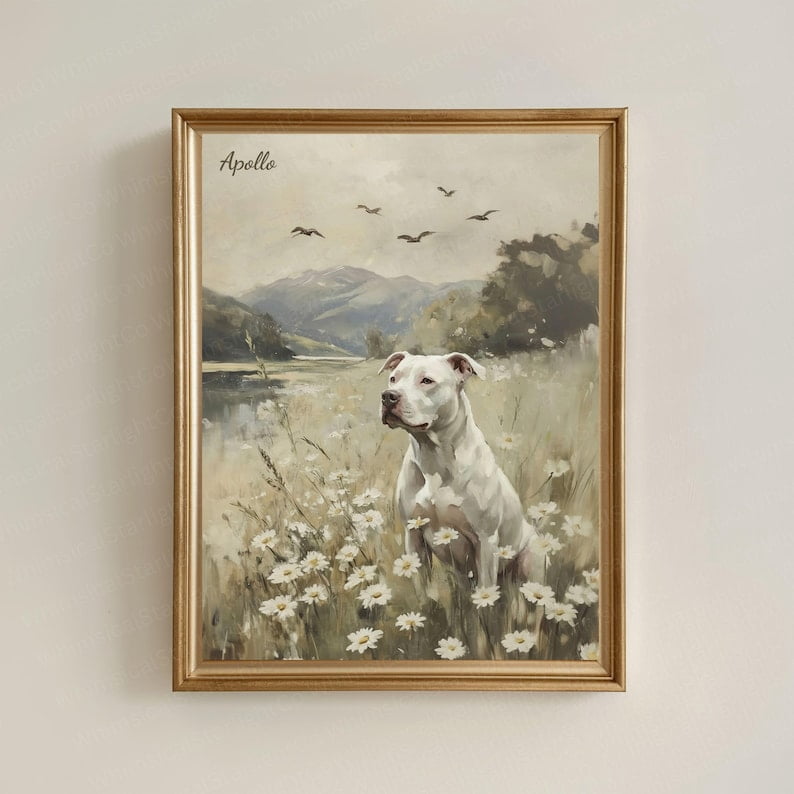 White American Staffordshire Pit Bull Memorial Portrait poster Wall Art Decor 16x24 UNFRAMED