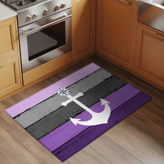 White Anchor 2x3 Rug for Entryway Front Door Kitchen Sink Area, Costal Purple Grey Stripes Wood Grain Bottom Low Pile Washable Non Slip Rectangle Area Rug
