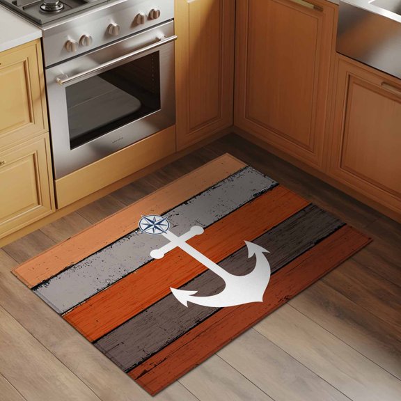 White Anchor 2x3 Rug for Entryway Front Door Kitchen Sink Area, Costal Orange Stripes Wood Grain Bottom Low Pile Washable Non Slip Rectangle Area Rug