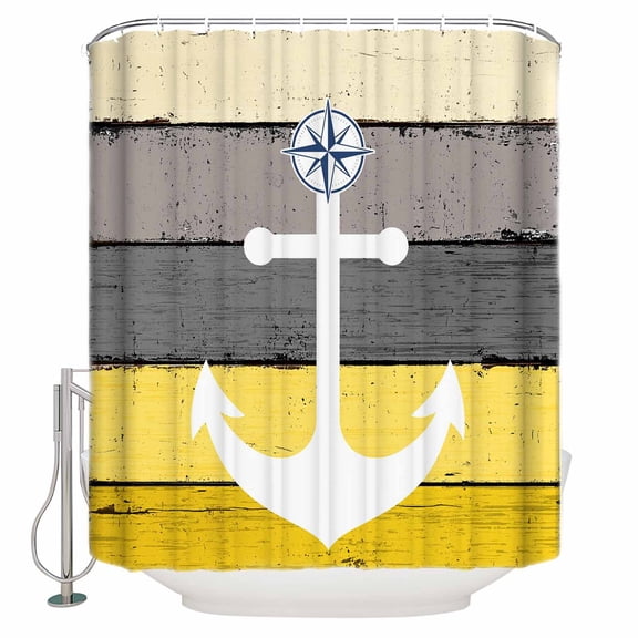 White Anchor Bathroom Shower Curtains with Hooks, Costal Yellow Grey Stripes Wood Grain Bottom Waterproof Fabric Washable Shower Curtain for Home Hotel Bathtub Decor 60x72 Inch