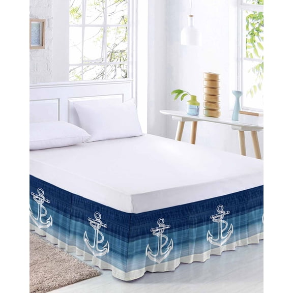 White Anchor Bed Skirt King Size 16 Inch Drop, Blue Ocean Nautical Gradient Adjustable Elastic Dust Ruffles Bedskirt for King Bed Wrap Around Pleated Mattress Frame Cover