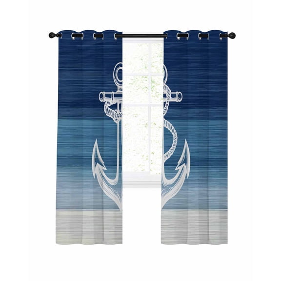 White Anchor Blackout Curtains for Bedroom Living Room, Blue Ocean Nautical Gradient 39 In Long Thermal Insulated Room Darkening Drapes Grommet Window Treatments, 27.5 x 39 In