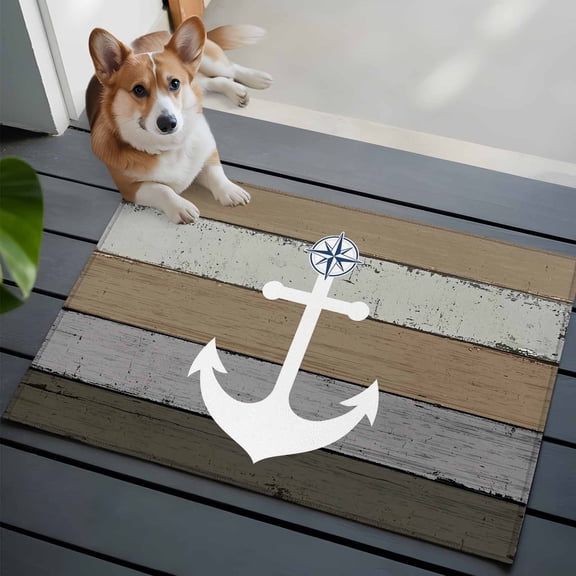 White Anchor Front Door Rugs 2x3 ft Costal Brown Grey Stripes Wood Grain Bottom Small Rug for Entryway Non Slip Washable Bathroom Door Mat Absorbent Floor Mat for Indoor Entrance