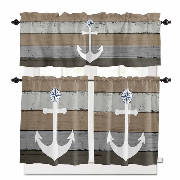 White Anchor Kitchen Curtains and Valances Set, Costal Brown Grey Stripes Wood Grain Bottom Rod Pocket Window Valance Window Curtain Panels for Living Room Bedroom Laundry, 27.5x24in, 3 Pieces