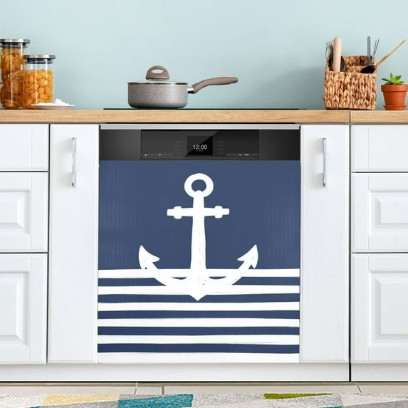 White Anchor Navy Blue Dishwasher Magnet Cover Reuseable Refrigerator Magnet Cover Decal Fridge Microwave Stickers Hoilday Party Decor 23 x 26 Inch