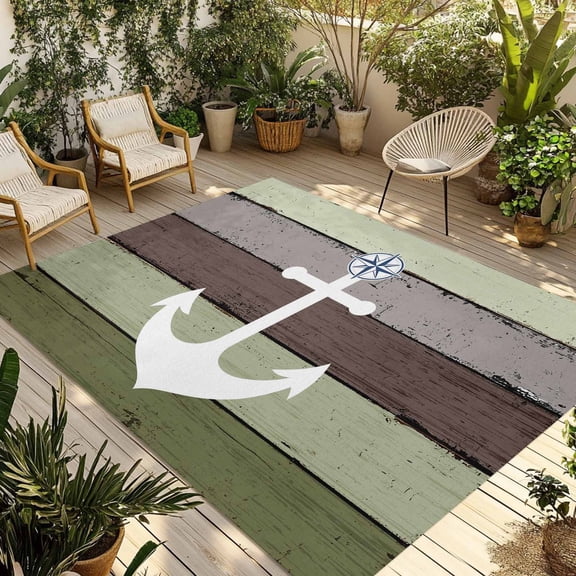 White Anchor Outdoor Rug, Costal Grass Green Stripes Wood Grain Bottom Non-Slip Area Rugs Carpet Breathable Large Floor Mat for Outdoors Patio Porch Deck Beach 3’ x 5’