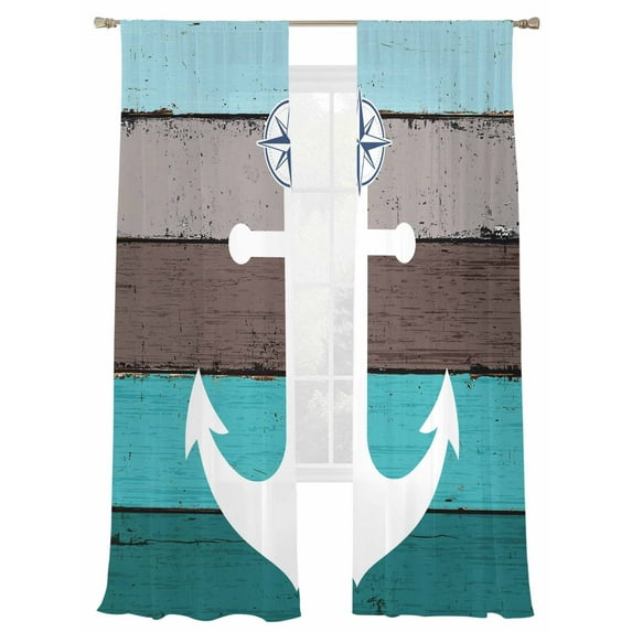 White Anchor Sheer Curtains 108 Inch Long 2 Panels, Costal Blue Brownstripes Wood Grain Bottom Light Filtering Rod Pocket Semi Sheer Curtains, Sheer Voile Drapes for Living Room Bedroom, 52"x108"