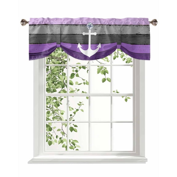 White Anchor Tie Up Valances Curtain, Adjustable Kitchen Costal Purple Grey Stripes Wood Grain Bottom Valances for Windows Decor, Rod Pocket Short Curtains Set for Bedroom/Bathroom, 54"x18"
