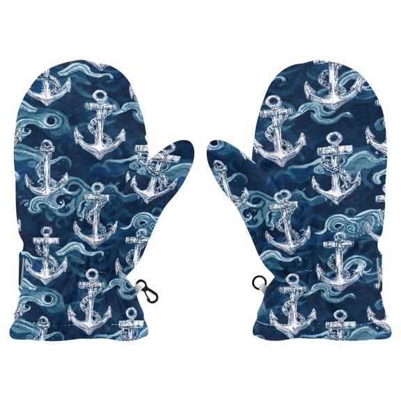 White Anchor Waves Cold Weather Mittens Cozy Gloves with Adjustable Fit Perfect for Outdoor Fun