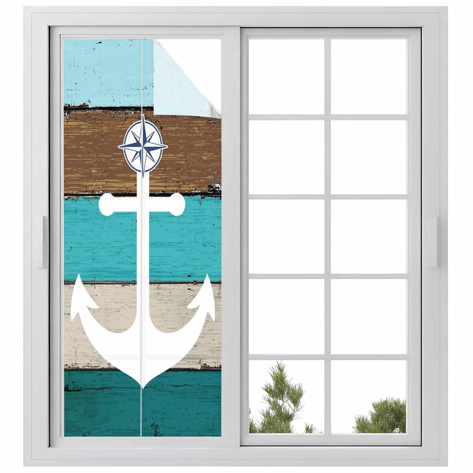 White Anchor Window Privacy Film, Costal Green Brown Stripes Wood Grain Bottom Frosted Glass Window Clings Static Cling UV Heat Blocking Reusable Door Sticker for Bathroom 23.6 x 59 Inch