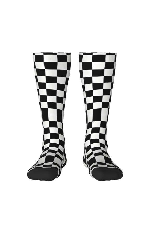White And Black Checkered Pattern Knee High Socks for Women Long Leg Warmers Socks