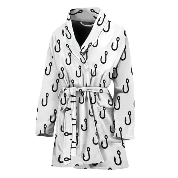 White And Black Fishing Hooks Women Bathrobe One Size Univeral Fits, Fish Fishing Fashion Lightweight Plush Fleece Long Robe For Women